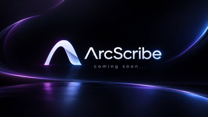 A sleek promotional banner for "ArcScribe" with the tagline "coming soon..." displayed against a dark background with purple and blue light trails, paired with commentary criticizing bonding curve mechanics that disadvantage later entrants during token launches.