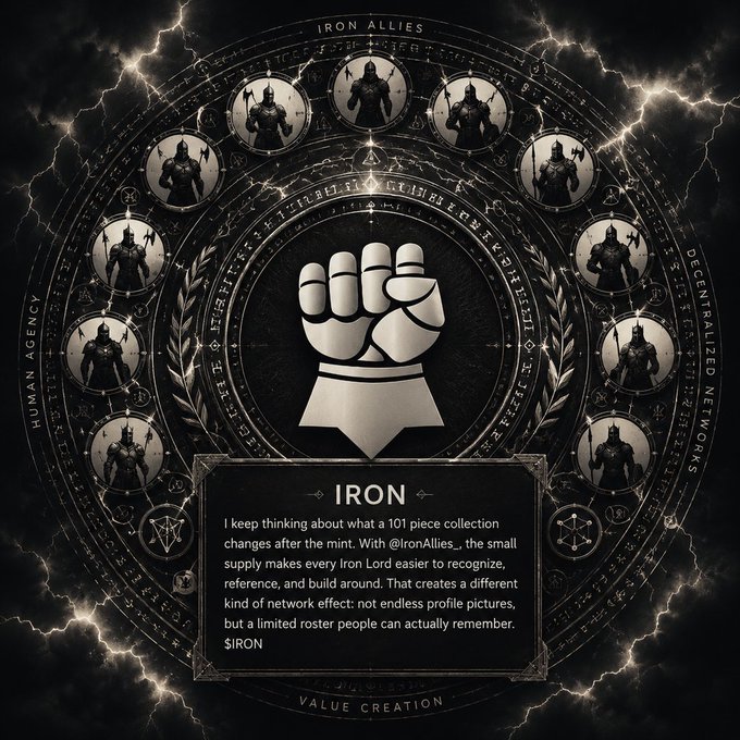 A dark graphic featuring a central white fist logo labeled 'IRON' with text about the 'Iron Allies' NFT collection, surrounded by a circular design of knight figures and lightning effects, promoting network value.
