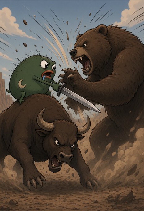 A cartoon illustration depicting a chaotic battle scene with a green blob-like creature holding a sword, a roaring bear, and a charging bull, with debris flying through the air.