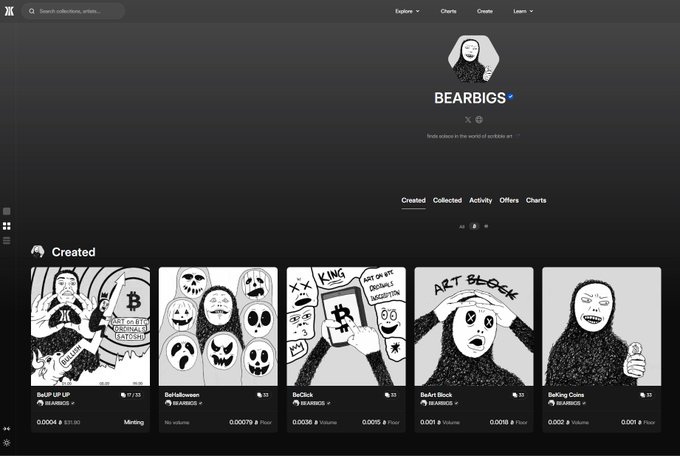 A screenshot of an NFT marketplace profile for 'BEARBIGIS' displays a 'Created' tab with several black and white cartoon drawings, including a Bitcoin-themed piece and a Bart Simpson-style character.