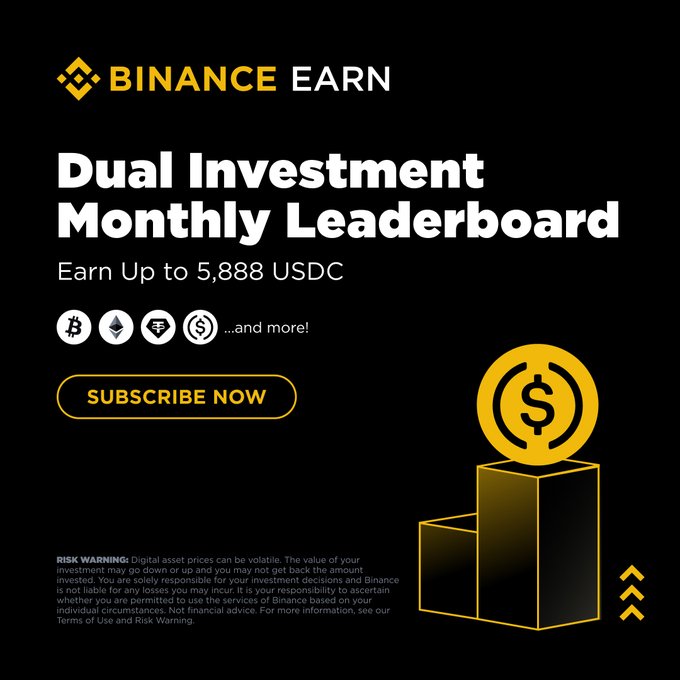 A promotional graphic for Binance Earn's Dual Investment Monthly Leaderboard, offering rewards of up to 5,888 USDC, featuring Bitcoin, Ethereum, Tether, and USDC cryptocurrency icons alongside a yellow "Subscribe Now" button. The image directly corresponds to the post's announcement of the October Dual Investment leaderboard promotion.