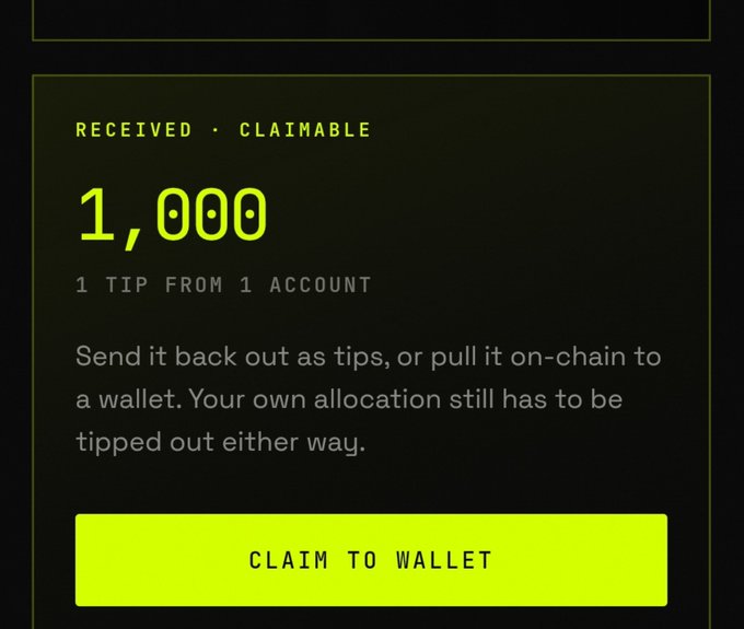 A dark interface showing a claimable amount of 1,000 tips received from 1 account, with text explaining it can be sent out as tips or pulled on-chain, and a yellow "CLAIM TO WALLET" button.