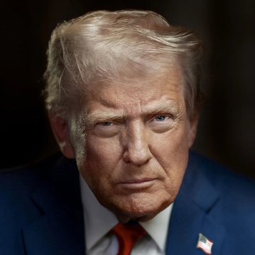 A formal portrait of Donald Trump wearing a dark suit and red tie, with an American flag pin, set against a dark background.