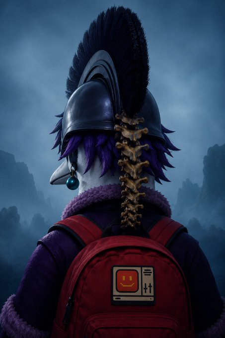 A digital artwork features a penguin-like character wearing a Roman soldier's helmet with a black crest, purple fur collar, and a red backpack with a smiley face patch, set against a moody blue sky.