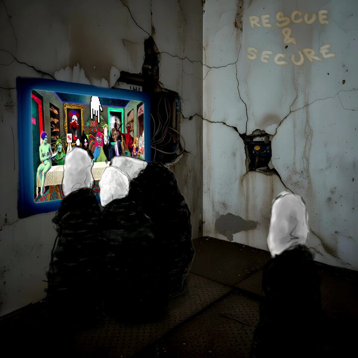 The image shows a group of people gathered around a television screen, watching a cartoon or movie together. The room appears to be old and run-down with peeling paint and a cracked wall. A sign that reads "RESCUE & SECURE!" is visible in the background, indicating an event or gathering related to rescue efforts or security concerns. The people are wearing black clothing, which adds to the overall atmosphere of the scene.