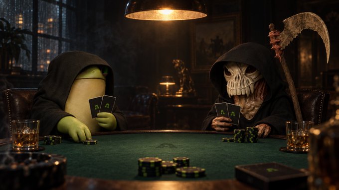 A stylized, atmospheric image of two cloaked figures sitting at a green felt poker table; the figure on the left has a smooth yellow face, while the figure on the right wears a skull mask and holds a scythe.