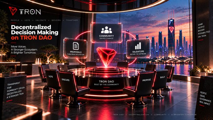 A promotional graphic for TRON DAO features the text 'Decentralized Decision Making on TRON DAO' and depicts a futuristic council room with chairs labeled 'VOTE', 'DISCUSS', 'BUILD', and 'PROPOSE' surrounding a central glowing red diamond and holographic icons for Community, Proposals, and Validators.