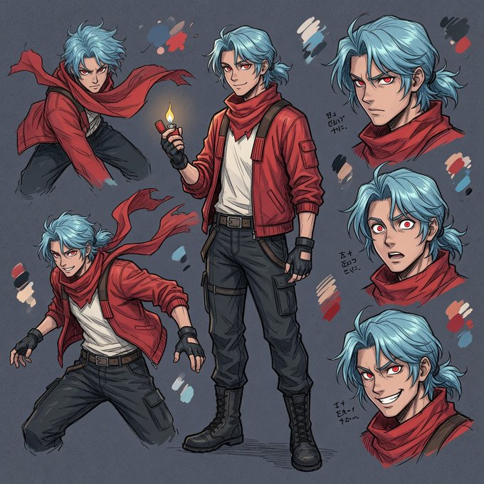 An anime-style character sheet showing a blue-haired male character in a red jacket and red scarf, depicted in multiple poses and facial expressions, with a small Japanese annotation on one of the headshots.