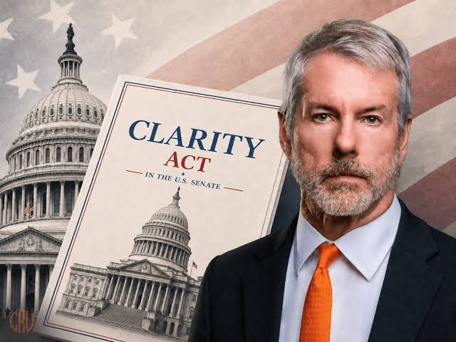 The image features a man in a suit with an orange tie standing beside a document titled "CLARITY ACT - IN THE U.S. SENATE," with the U.S. Capitol building and an American flag in the background, visually supporting the post's claim that Michael Saylor views the CLARITY Act's Senate failure as a victory for cryptocurrency.