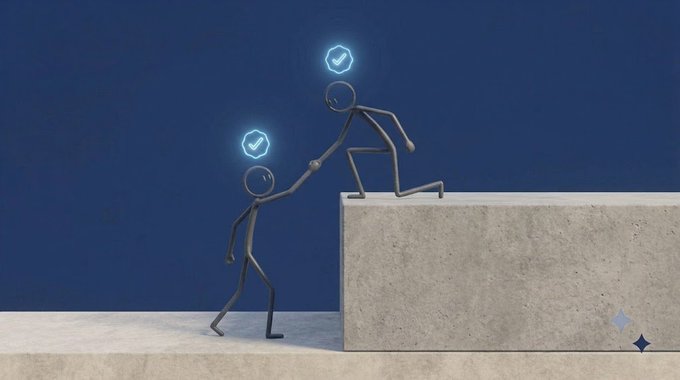 A minimalist 3D illustration on a blue background showing two black stick figures, where one helps the other climb onto a higher ledge, with glowing blue checkmark icons above their heads.