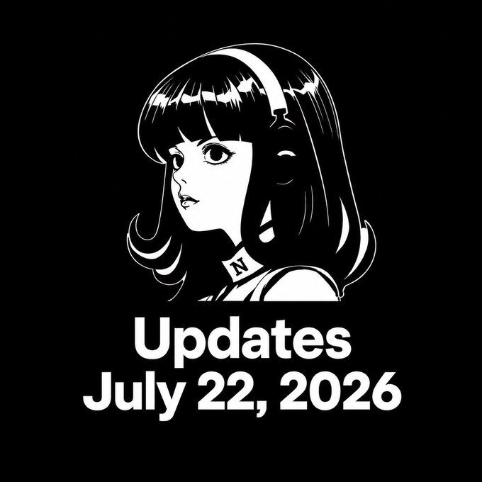 A black-and-white illustration of a dark-haired anime girl with a headband appears above the bold text "Updates July 22, 2026," which precedes a post announcing that Hermes merged 138 pull requests on July 23, 2026.