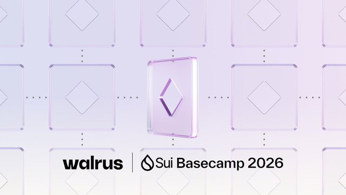 A promotional graphic with a light purple background showing 3D square tiles, one featuring the Sui cryptocurrency logo, with text reading "walrus | Sui Basecamp 2026".