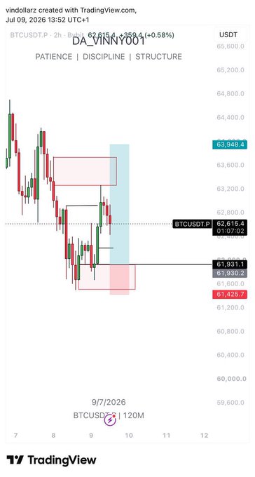 A TradingView BTCUSDT 2-hour chart titled 'DA_VINNY001 - PATIENCE | DISCIPLINE | STRUCTURE' showing price action with red/blue supply/demand zones.