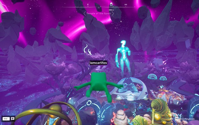 A screenshot from a video game showing a green blocky character looking at a translucent blue figure labeled 'lamcarritos' in a purple, crystalline environment at the 'Temple of the Spark'.