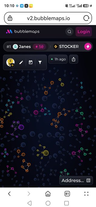 A user views a Bubblemaps visualization of a wallet cluster ranked #1 under the name "Janes" with a 50% marker, alongside a "STOCKER" tag, showing interconnected nodes that suggest a healthy wallet structure awaiting a price breakout.
