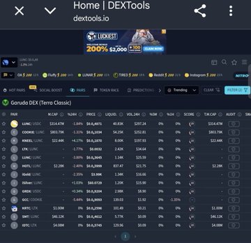 A screenshot of the DEXTools homepage (dextools.io) showing the "Garuda DEX [Terra Classic]" trending section, displaying tokens like LUNC, USTC, LUNA, and others with various price changes and trading volumes. The image illustrates the integration of the Terra Classic chain into DEXTools, supporting the post's announcement about $LUNC and $USTC gaining access to the platform's DEX tracking tools.