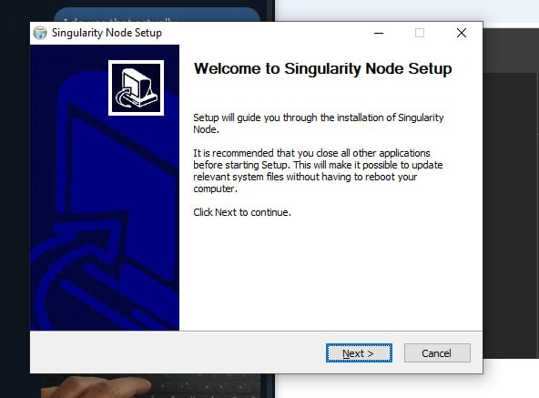 Windows installer dialog for 'Singularity Node Setup' welcoming the user and advising them to close other applications before proceeding with installation of Singularity Node.