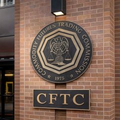A close-up of the entrance sign for the Commodity Futures Trading Commission (CFTC), featuring its circular emblem with scales of justice and the text "COMMODITY FUTURES TRADING COMMISSION • 1975 •" above a plaque reading "CFTC," relating to the agency's recent no-action position exempting crypto wallet developers from broker registration requirements.