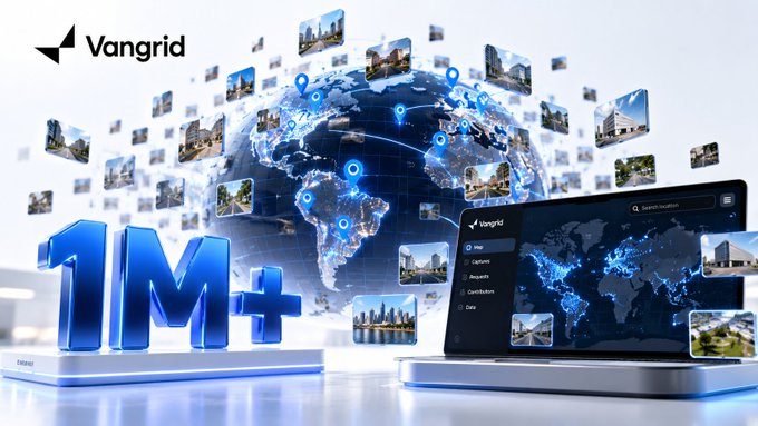 A Vangrid promotional image showing a glowing digital globe with location pins, surrounded by property photos, with a large blue "1M+" graphic in the foreground.