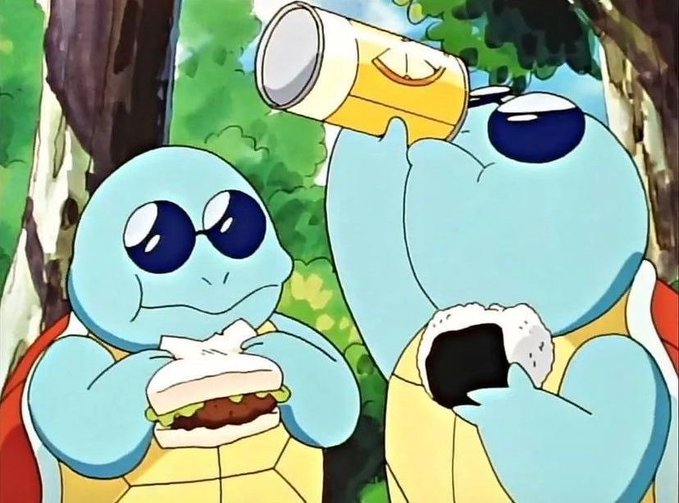 Two blue cartoon turtles are eating—one holding a hamburger and the other drinking from a yellow can and holding a rice ball—set in a forest. The image humorously relates to the post's message of celebrating trading wins, with the satisfied, content turtles reflecting the poster's mood after trusting their market bias and coming out on top.