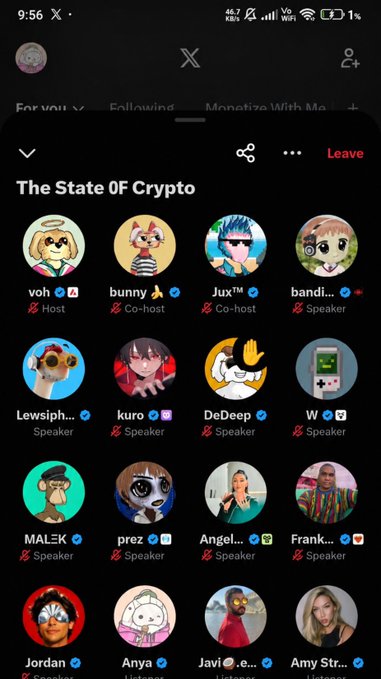 A mobile screenshot shows a Twitter Spaces interface titled 'The State 0F Crypto' with a grid of participant avatars and usernames, including hosts 'voh' and 'bunny' and various speakers like 'Lewsiph...', 'kuro', 'DeDeep', 'MALZ', and 'Jordan'.