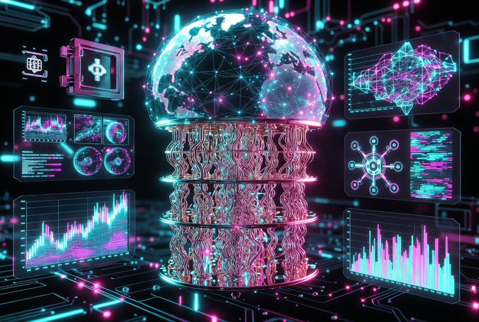 In the center of a black screen surrounded by colorful digital elements, there is an intriguing image of a futuristic world with a massive globe at its core. The globe is adorned with numerous lines and dots connected to each other, giving the impression that they represent some sort of intricate network or web-like structure, reminiscent of the interconnectedness often found in modern technology and data systems. 

Surrounding this intriguing centerpiece, there are different screens displaying a variety of graphs, charts, and tables illustrating complex topics such as supply chains, portfolio balancing, AI model training, and more. This visual display emphasizes the relevance and power of the worldwide Quantum Computer, which is actively solving real problems in various industries while providing an innovative approach to tackling tough optimization challenges through its integration of both quantum and classical computing technologies.