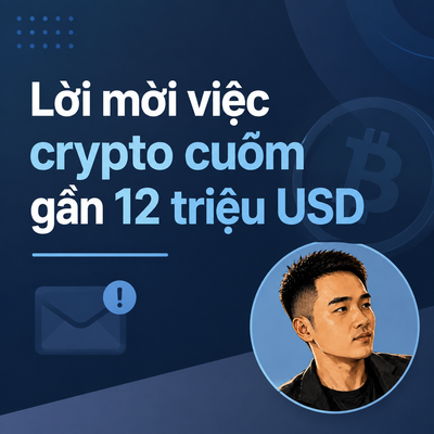 A dark blue graphic featuring Vietnamese text reading "Lời mời việc crypto cuỗm gần 12 triệu USD" (Crypto job invitation steals nearly 12 million USD), accompanied by an envelope alert icon, a Bitcoin symbol watermark, and a circular portrait of a young man, illustrating an article about a fake crypto recruitment LinkedIn scam that cost victims 11.8 million USD.