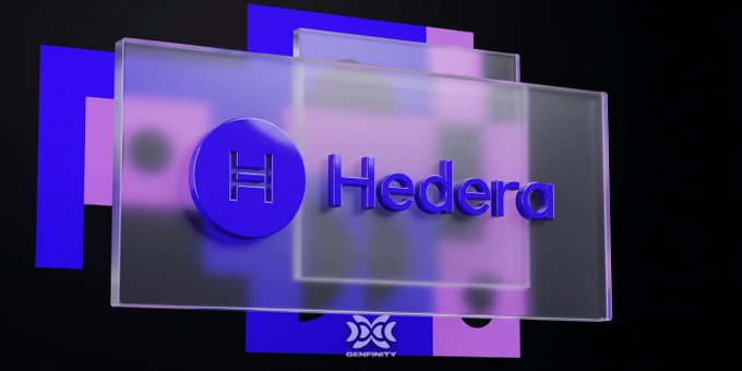 A 3D rendered glass panel featuring the Hedera (HBAR) cryptocurrency logo and name in blue, with abstract blue and pink geometric shapes in the background.