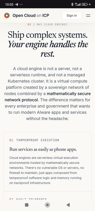 A mobile screenshot of an 'Open Cloud on ICP' webpage with the headline 'Ship complex systems. Your engine handles the rest.' discussing tamperproof execution and fail tolerance.
