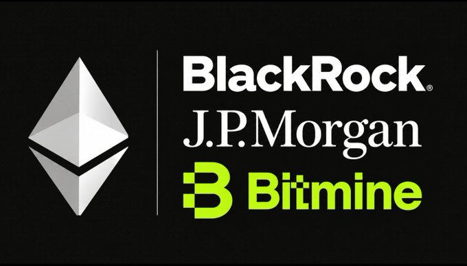 Promotional graphic featuring BlackRock, J.P. Morgan, and Bitmine logos alongside Ethereum’s geometric diamond symbol. It supports an invitation-only Ethereum Institutional Forum in London on November 12, with dedicated fireside sessions involving JPMorgan and BlackRock.