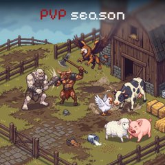 A pixel-art style image of a farming village scene with a rooster, various animals including a cow, sheep, pig, and chicken, and human characters, with 'PVP season' text displayed at the top.