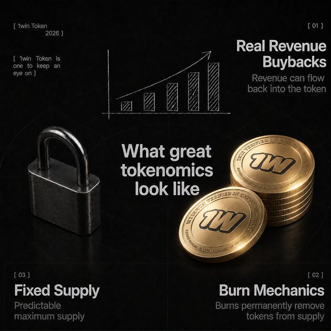 A promotional graphic for '1win Token 2026' explaining its tokenomics with four features: Real Revenue Buybacks, Burn Mechanics, Fixed Supply, and a bar chart with a padlock symbol.