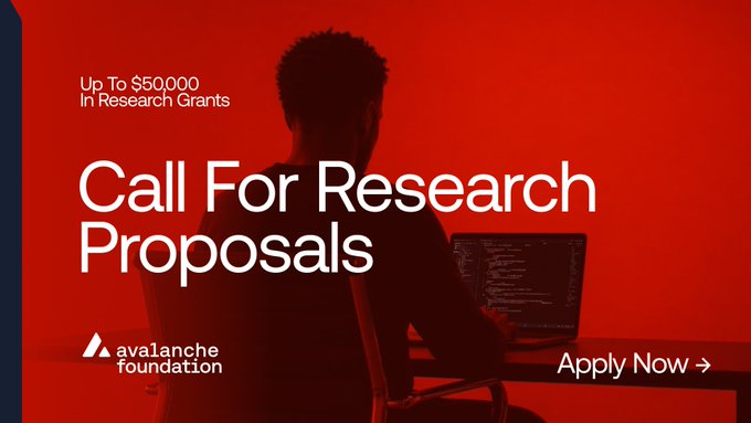 The image features an advertisement for a Call For Research Proposals service that has been accepted by Avalanche Foundation. The poster displays a man sitting at a desk with his laptop open, suggesting he is working on research proposals. The text on the poster reads "Call For Research Proposals", indicating it's an advertisement for this service. The poster also includes a call to action button and a link to apply now.