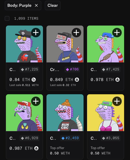 A mobile app screen showing an NFT marketplace filtered by 'Body: Purple', displaying 1,099 items with cartoon dinosaur characters and their prices in ETH.