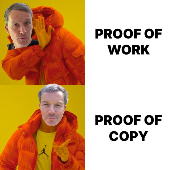 A two-panel meme featuring two men in orange puffer jackets against yellow backgrounds, with the top labeled "PROOF OF WORK" (showing a man with a suspicious gesture) and the bottom labeled "PROOF OF COPY" (showing a man pointing), humorously referencing the plagiarism allegations between Marc Friedrich and Satoshiskidzz by implying a copy rather than original work.