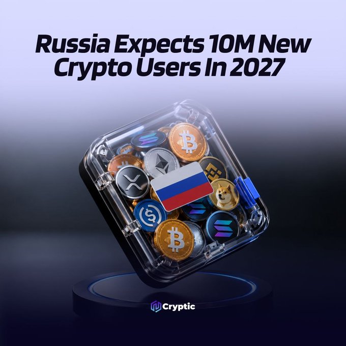 A glass box filled with various cryptocurrency coins (including Bitcoin, Ethereum, and Dogecoin) featuring a Russian flag, accompanied by the headline "Russia Expects 10M New Crypto Users In 2027." The image visually represents the article's claim about Russia's growing crypto adoption, with the flag and assortment of coins symbolizing the nation's anticipated expansion to potentially 30 million crypto users by 2027.