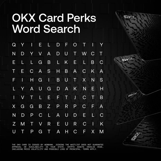 A promotional image for an OKX Card Perks Word Search quiz, featuring a dark-themed grid of letters with visible terms like "CASHBACK" hidden within, alongside images of the OKX card. The puzzle ties into the post's Weekend Quiz challenge, where followers can win $500 USDT by finding the perks-related words.