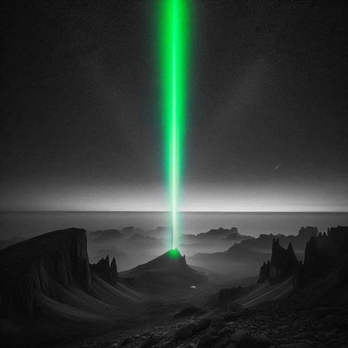 A surreal black-and-white landscape with a vibrant green beam of light shooting upward from a mountain peak against a starry night sky.