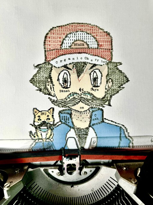 A whimsical cross-stitched portrait of a bespectacled figure in a cap labeled "OrganicCherries" with a small dog peeking out, displayed above a typewriter. The artwork cleverly illustrates the post's message about impatient crypto investors who "punch themselves in the face" during bull runs instead of waiting patiently for their own pumps—much like the stitched character staring blankly ahead while the message unfolds around them.