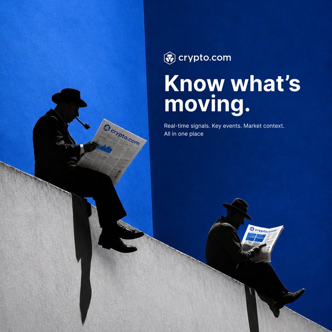 A Crypto.com ad featuring silhouettes of businessmen reading "crypto.com" newspapers reads "Know what's moving. Real-time signals. Key events. Market context. All in one place," visually echoing the post's message to catch key events and real-time signals in one place via the Crypto.com Insights tab.