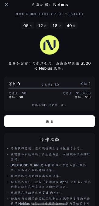 Mobile app interface in Chinese for a cryptocurrency trading event called '交易之燎: Nebius' (Trading Blaze: Nebius), showing a countdown timer and reward tiers up to $500.