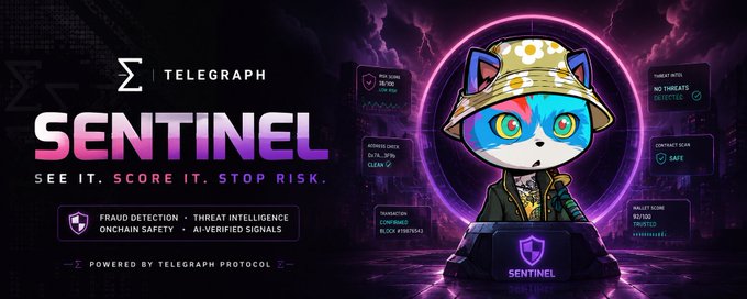 A promotional banner for 'TELEGRAPH SENTINEL' with the tagline 'SEE IT. SCORE IT. STOP RISK,' featuring a cartoon cat character in a camouflage hat and green jacket, surrounded by data cards displaying threat intelligence metrics like address scan results and wallet scores.