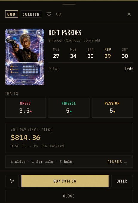 A character trading card interface displays a soldier named 'DEFT PAREDES' with stats including MUS 27, HUS 34, BRN 30, REP 39, GRT 30, traits for Greed, Finesse, and Passion, and a purchase price of $814.36 for 8.56 SOL.