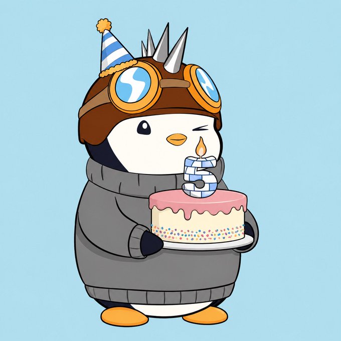 A cartoon illustration of a cute penguin wearing goggles, a party hat, and a sweater, winking while holding a pink birthday cake with a candle shaped like the number '5.'