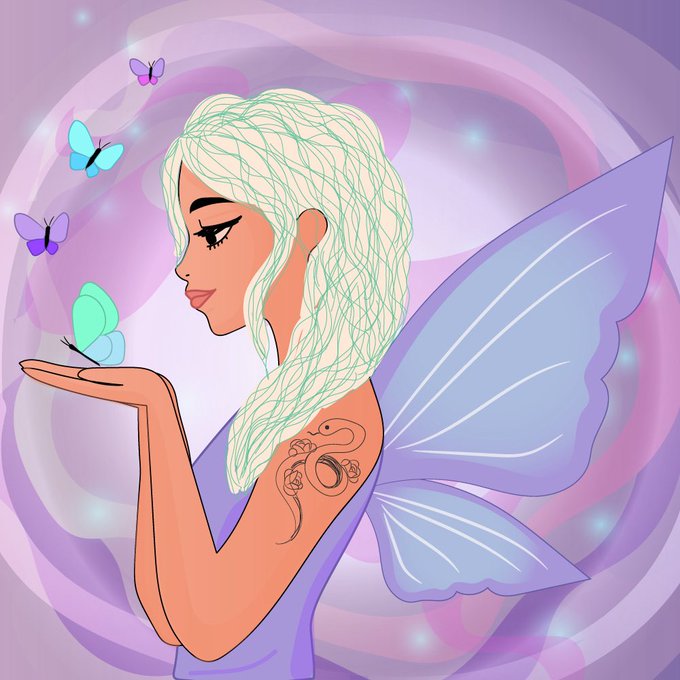 An illustrated profile of a fairy with pale green hair and large purple wings holds a blue butterfly in her palm, surrounded by colorful butterflies against a swirling purple background.