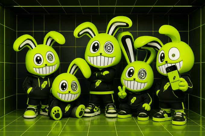 A group of five cartoonish green rabbit mascots with swirling hypnotic eyes, large toothy grins, and black hoodies pose together in a neon green tiled room.