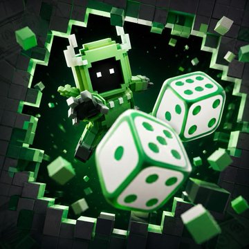 A stylized graphic featuring a green pixelated character alongside two large green dice, breaking through a pixelated wall.