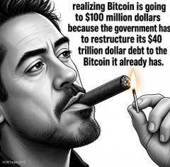 A black and white illustration of a man smoking a cigar with text: 'realizing Bitcoin is going to $100 million dollars because the government has to restructure its $40 trillion dollar debt to the Bitcoin it already has.'