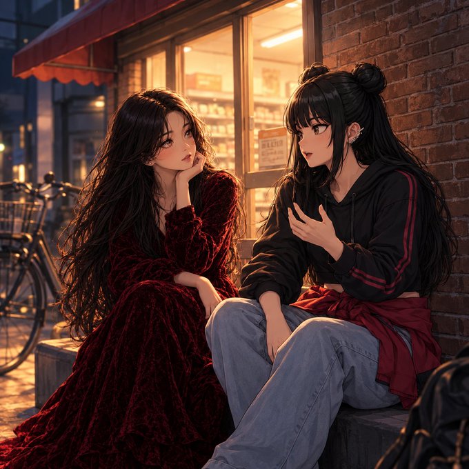An anime-style illustration shows two young women with long dark hair sitting on a ledge outside a warmly lit storefront at night; one wears a red velvet dress while the other wears a black hoodie and jeans.