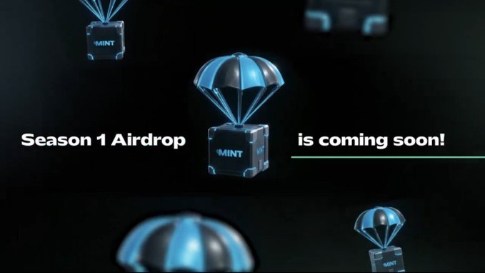A promotional graphic announces 'Season 1 Airdrop is coming soon!' featuring several blue and black 'MINT' crates descending with parachutes.